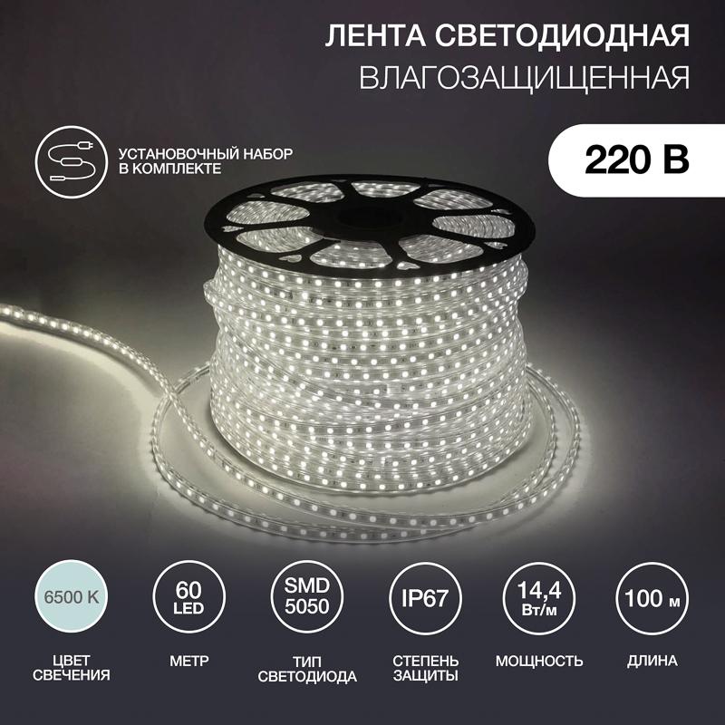Лента светодиодная 220В, 13*8 мм, IP67, SMD 5050, 60 LED/m Белая