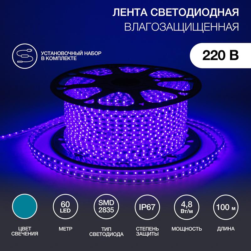 Лента светодиодная 220В, 10*7 мм, IP67, SMD 2835, 60 LED/m Синяя, бухта 100 м