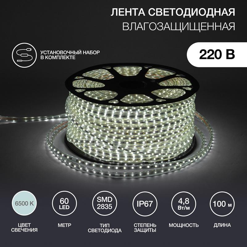 Лента светодиодная 220В, 10*7 мм, IP67, SMD 2835, 60 LED/m Белая, бухта 100 м