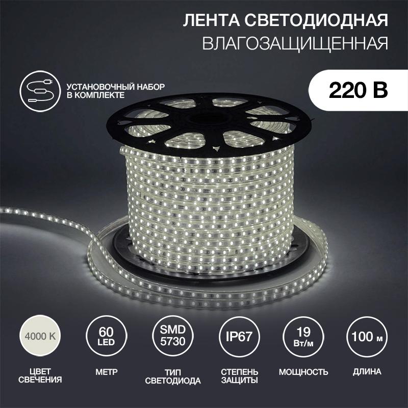 Лента светодиодная 220В, 6.5x13мм, IP67, SMD 5730, 60 LED/м, Белый, 100м