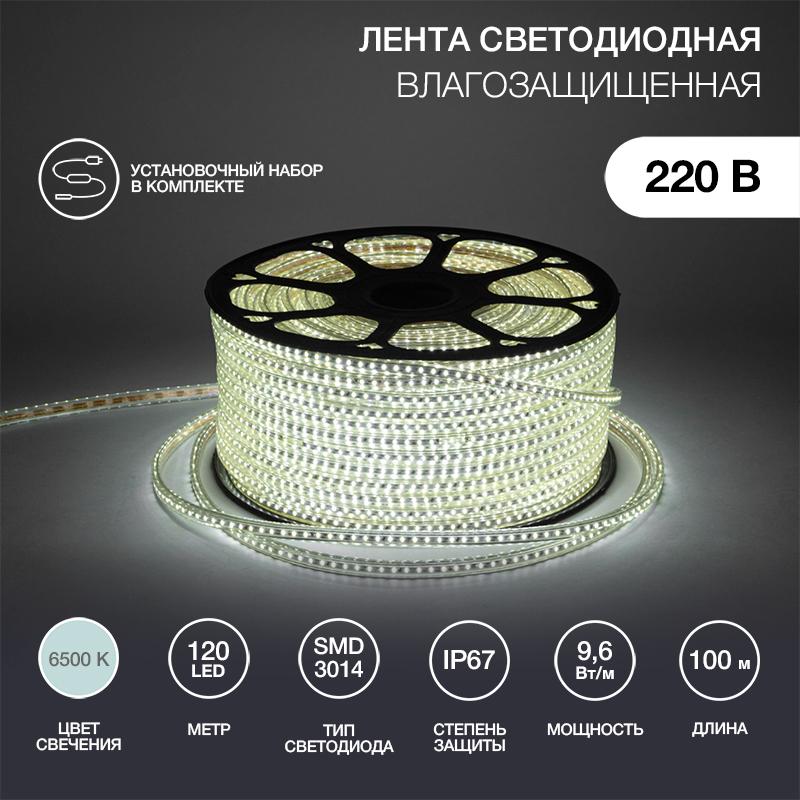 Лента светодиодная 220В, 6x10.6мм, IP67, SMD 3014, 120 LED/м, Белый, 100м
