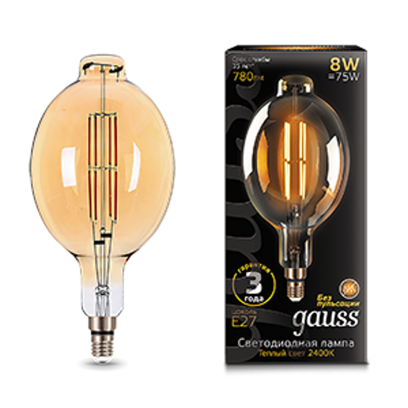 Лампа светодиодная LED Vintage Filament BT180 8W E27 180*360mm Amber 780lm 2400K 1/6