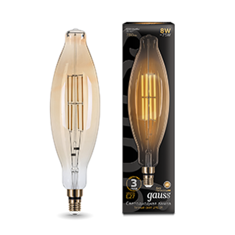Лампа светодиодная LED Vintage Filament BT120 8W E27 120*420mm Amber 780lm 2400K 1/10