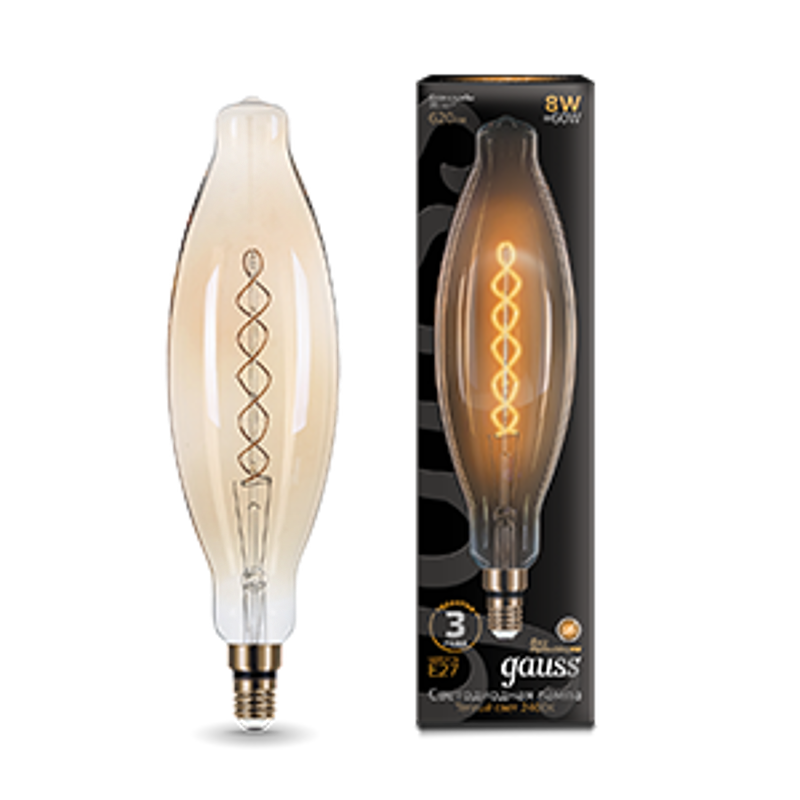 Лампа светодиодная LED Vintage Filament Flexible BT120 8W E27 120*420mm Amber 620lm 2400K 1/10