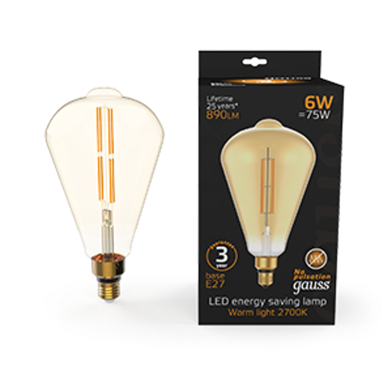 Лампа светодиодная LED Vintage Filament Straight ST164 6W E27 164*297mm Amber 890lm 2700K 1/6