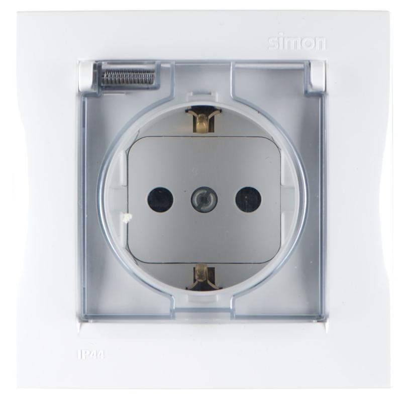 Simon 15 Белый Розетка с/з Schuko со шторками, с крышкой, IP44, 16А 250В, винт. зажим
