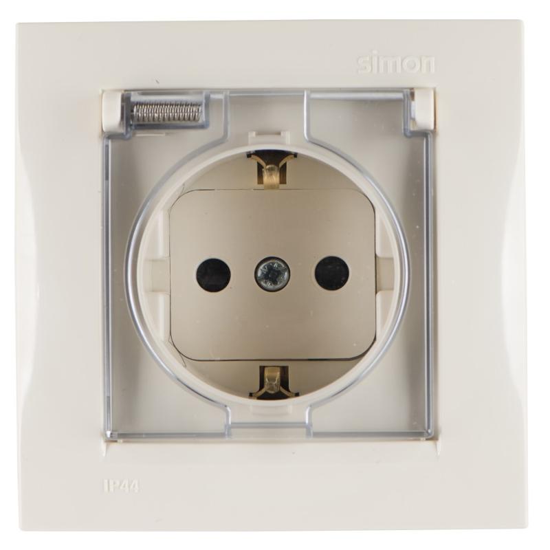 Simon 15 Сл. кость Розетка с/з Schuko со шторками, с крышкой, IP44, 16А 250В, винт. зажим