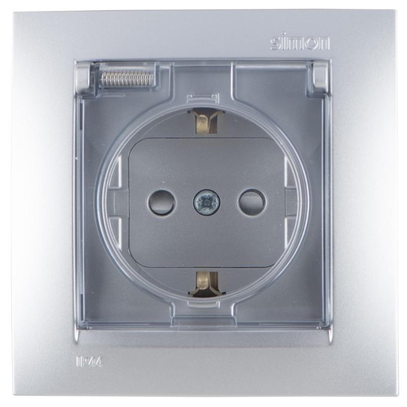 Simon 15 Алюминий Розетка с/з Schuko со шторками, с крышкой, IP44, 16А 250В, винт. зажим