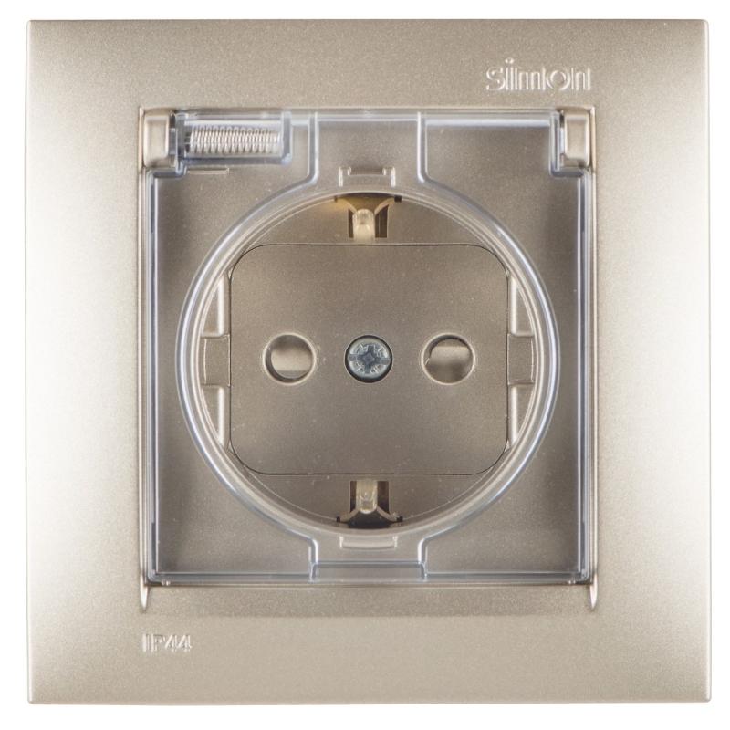 Simon 15 Шампань Розетка с/з Schuko со шторками, с крышкой, IP44, 16А 250В, винт. зажим