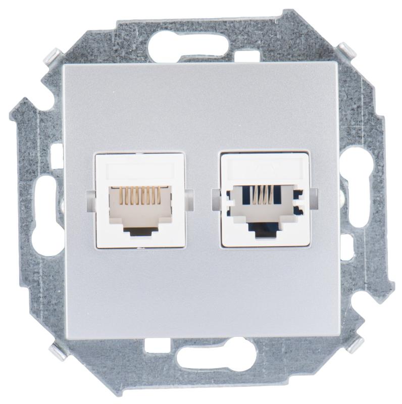 Simon 15 Алюминий Розетка телефонная + компьютерная RJ11+RJ45 кат.5е, Systimax