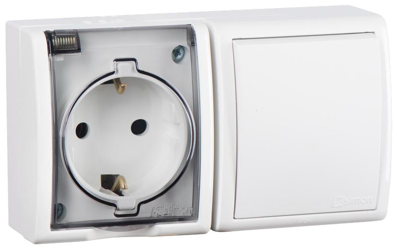 Блок IP54. Розетка с крышкой и заземлением Schuko 2Р+Е 16A + Однополюсный выключатель 10AX 250В белого цвета S15 Aqua