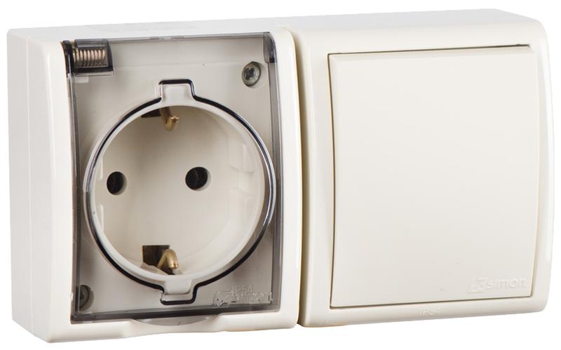 Блок IP54. Розетка с крышкой и заземлением Schuko 2Р+Е 16A + Однополюсный выключатель 10AX 250В цвета слоновая кость S15 Aqua