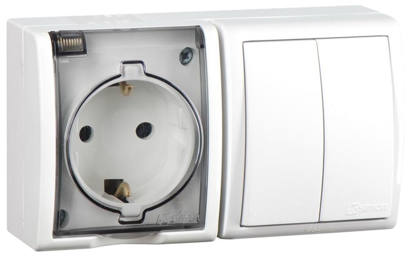 Блок IP54. Розетка с крышкой и заземлением Schuko 2Р+Е 16A + Двухклавишный выключатель 10AX 250В белого цвета S15 Aqua