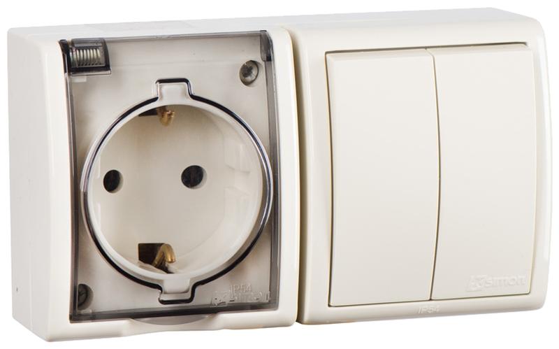 Блок IP54. Розетка с крышкой и заземлением Schuko 2Р+Е 16A + Двухклавишный выключатель 10AX 250В цвета слоновая кость S15 Aqua