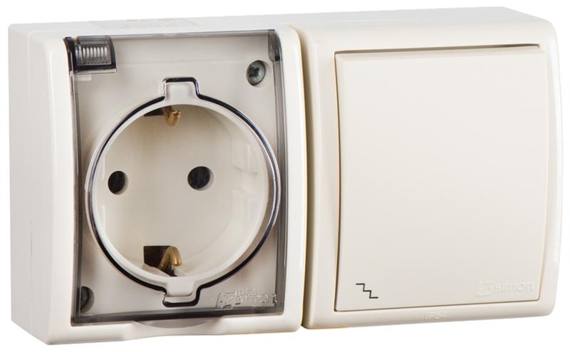 Блок IP54. Розетка с крышкой и заземлением Schuko 2Р+Е 16A + Переключатель (проходной) 10AX 250В цвета слоновая кость S15 Aqua