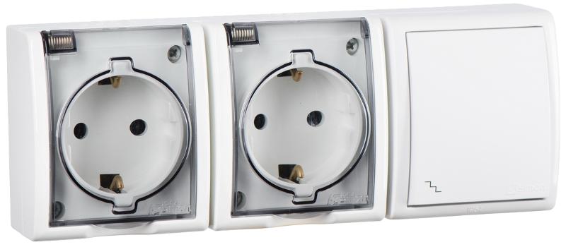 Блок IP54. Розетка двойная с крышкой и заземлением Schuko 2x2Р+Е 16A + Переключатель (проходной) 10AX 250В белого цвета S15 Aqua