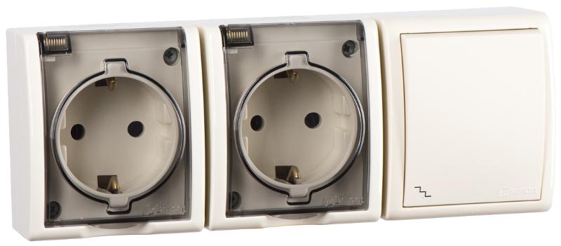 Блок IP54. Розетка двойная с крышкой и заземлением Schuko 2x2Р+Е 16A + Переключатель (проходной) 10AX 250В цвета слоновая кость S15 Aqua