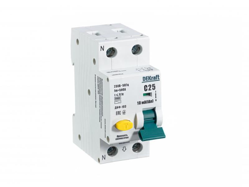 Автоматический выключатель дифференциального тока АВДТ 1Р+N 25А 10мА тип AC х-ка С ДИФ-103 6кА