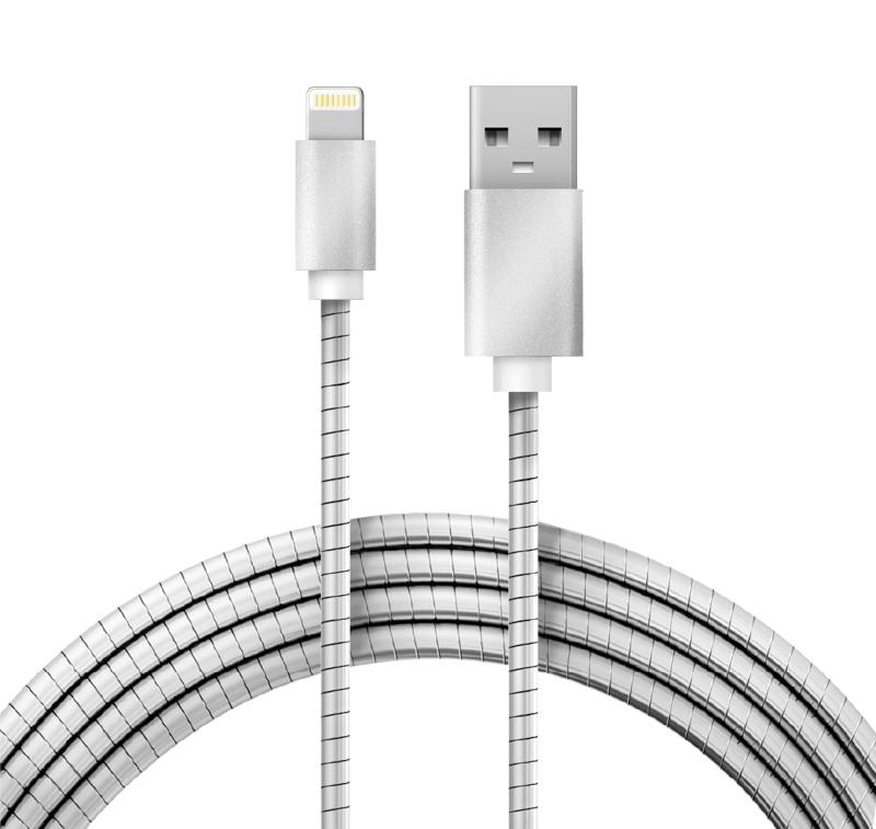 USB кабель для iPhone 5/6/7 моделей, шнур в металлической оплетке серебристый
