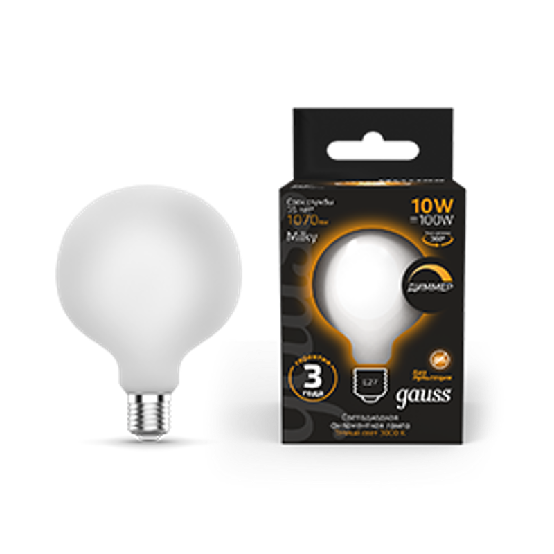 Лампа светодиодная Filament G95 10W 1070lm 3000К Е27 milky диммируемая LED 1/20