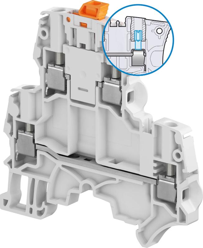 Клемма винтовая ZS4-D2-S-T2 - 4 мм, 2 уровня, 4 зажима, ножевой разъединитель и розетки на верхнем уровне, 2 тест.