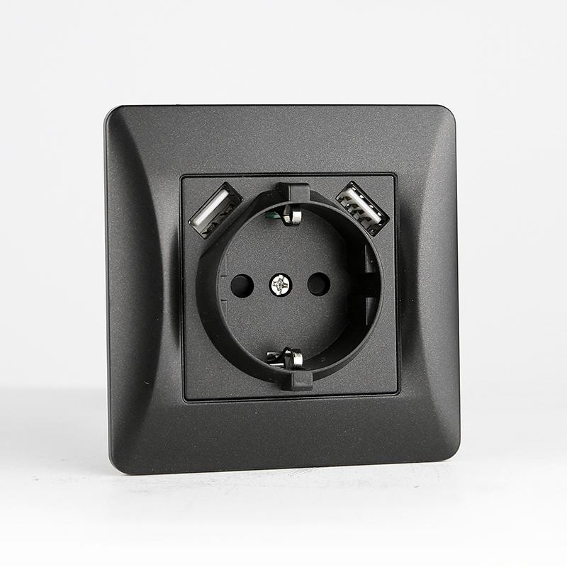 Розетка электрическая 2К+З/2xUSB A, 125-250V (антрацит)