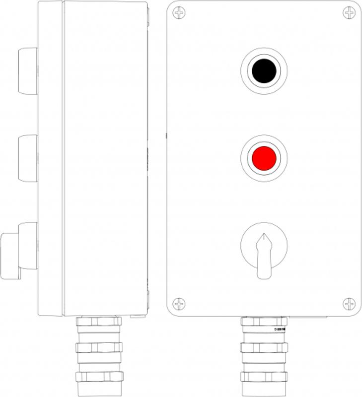 Ex пост управления из алюминия; 1Ex d e IIC Т4 Gb X / Ex tb IIIB T130°CDb X IP66; Кнопка черная, 2NO -1 шт; Кнопка красная,2NC -1 шт;Переключатель КВ 