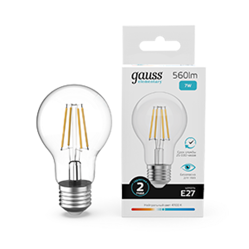 Лампа светодиодная   Filament Elementary А60 7W 560lm 4100К Е27 LED 1/10/50