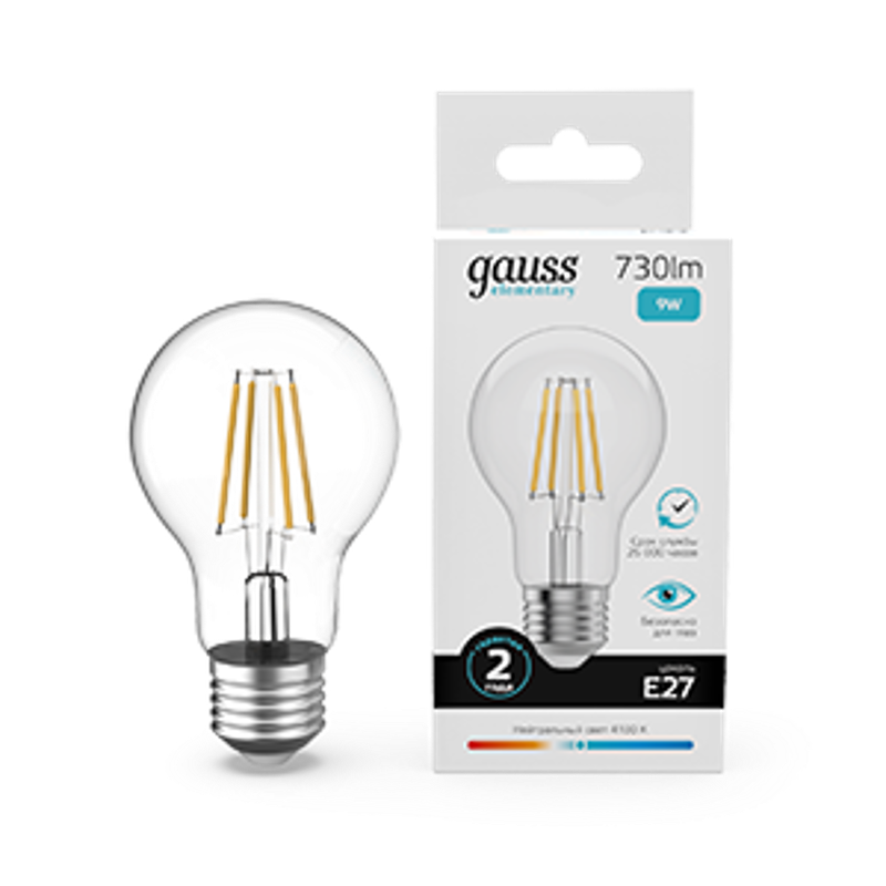 Лампа светодиодная   Filament Elementary А60 9W 730lm 4100К Е27 LED 1/10/50