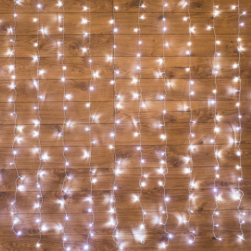 Дождь (занавес) 1,5х1,5 м, прозрачный ПВХ, 144 LED, белый, IP20, с контроллером, не соединяется