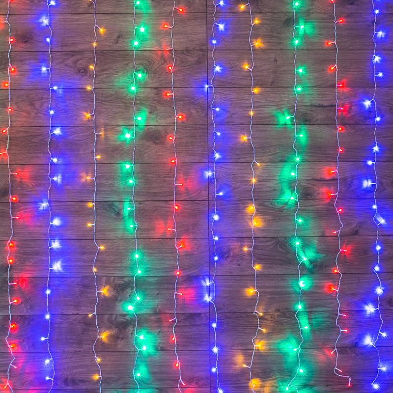 Дождь 3х2 м, прозрачный ПВХ, 240 LED, мультиколор, IP20, с контроллером, не соединяется