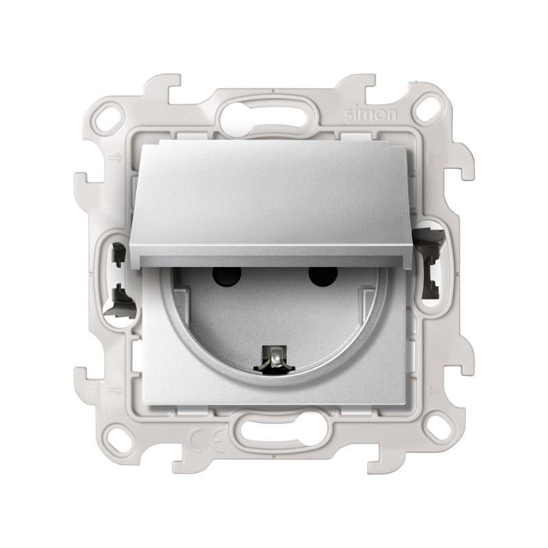 Розетка IP44 с крышкой, заземлением и шторками Schuko 2Р+Е 16A 250В с системой Push and Go цвета алюминий S24 Harmonie
