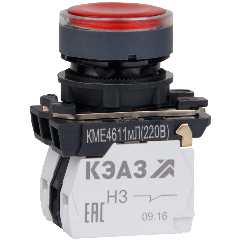 Кнопка КМЕ4611мЛ-220В-красный-1но+1нз-цилиндр-индикатор-IP65