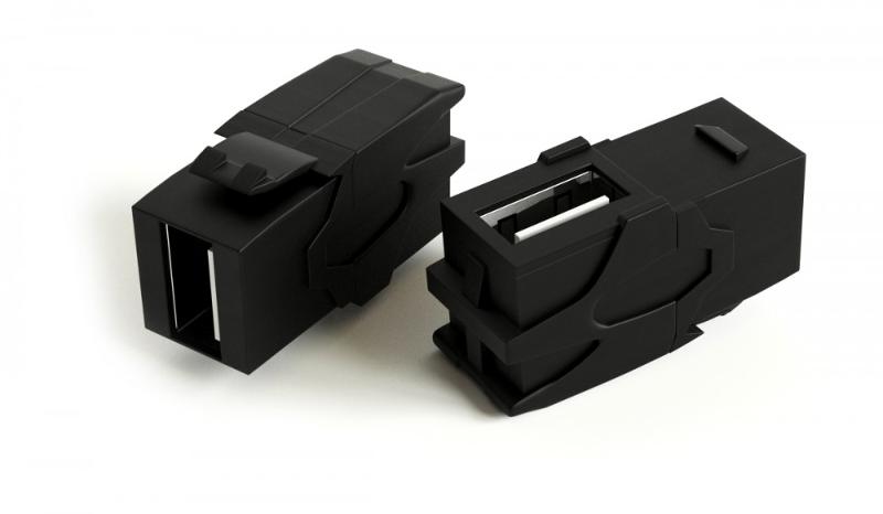 KJ1-USB-VA2-BK Вставка формата Keystone Jack с проходным адаптером USB 2.0 (Type A), 90 градусов, ROHS, черная