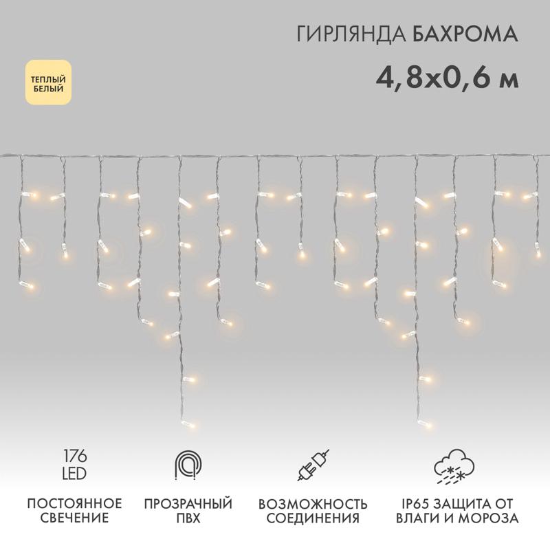 Гирлянда Айсикл (бахрома) светодиодный, 4,8 х 0,6 м, прозрачный провод, диоды ТЕПЛЫЙ БЕЛЫЙ,  176 LED