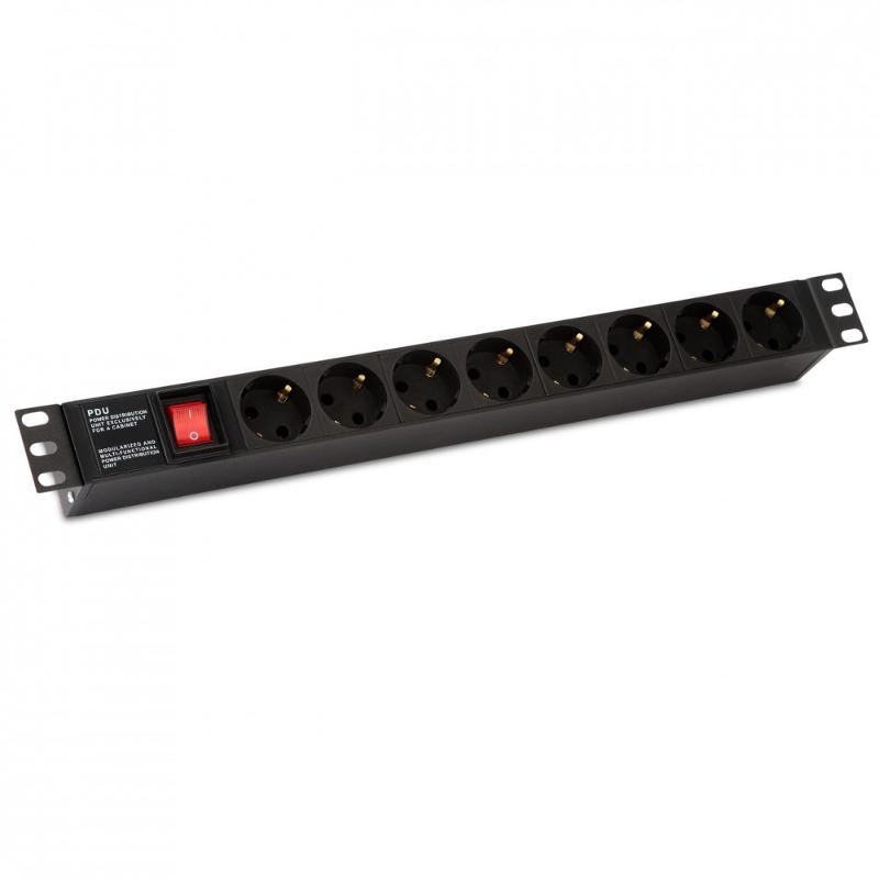 Блок розеток SHE19-8SH-S-IECд.19"шк.,горизонт.,с выкл.с подсв.,8 роз.Schuko(10А),250В,без каб.пит.,482.6х44.4х44.4мм(ШхВхГ)