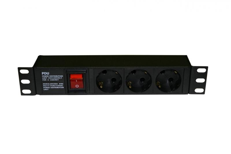 Блок розеток SHE10-3SH-S-IEC д.10"шк.,гориз.,с выкл.с подсв.,3 роз.Schuko(10А),250В,без каб.пит.,254х44.4х44.4мм(ШхВхГ)