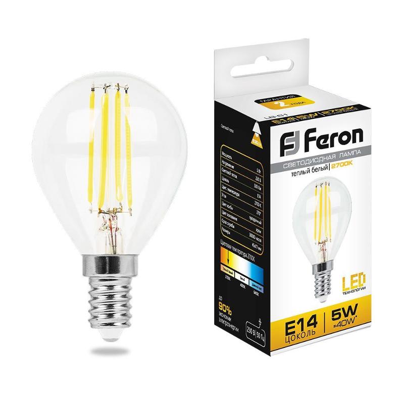 Лампа светодиодная LB-61 (5W) 230V E14 2700K филамент G45 прозрачная