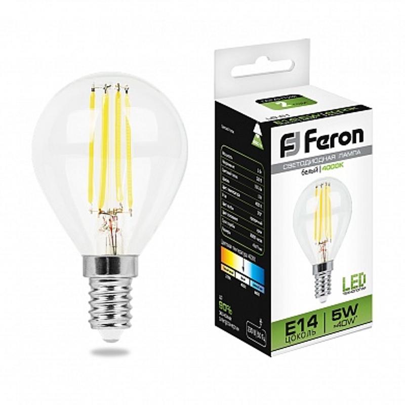 Лампа светодиодная LB-61 (5W) 230V E14 4000K филамент G45 прозрачная