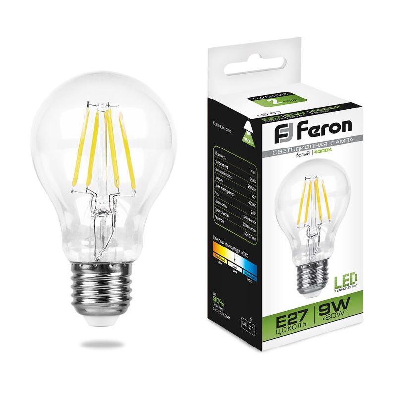 Лампа светодиодная LB-63 (9W) 230V E27 4000K филамент A60 прозрачная