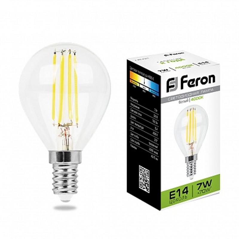 Лампа светодиодная LB-52 (7W) 230V E14 4000K филамент G45 прозрачная