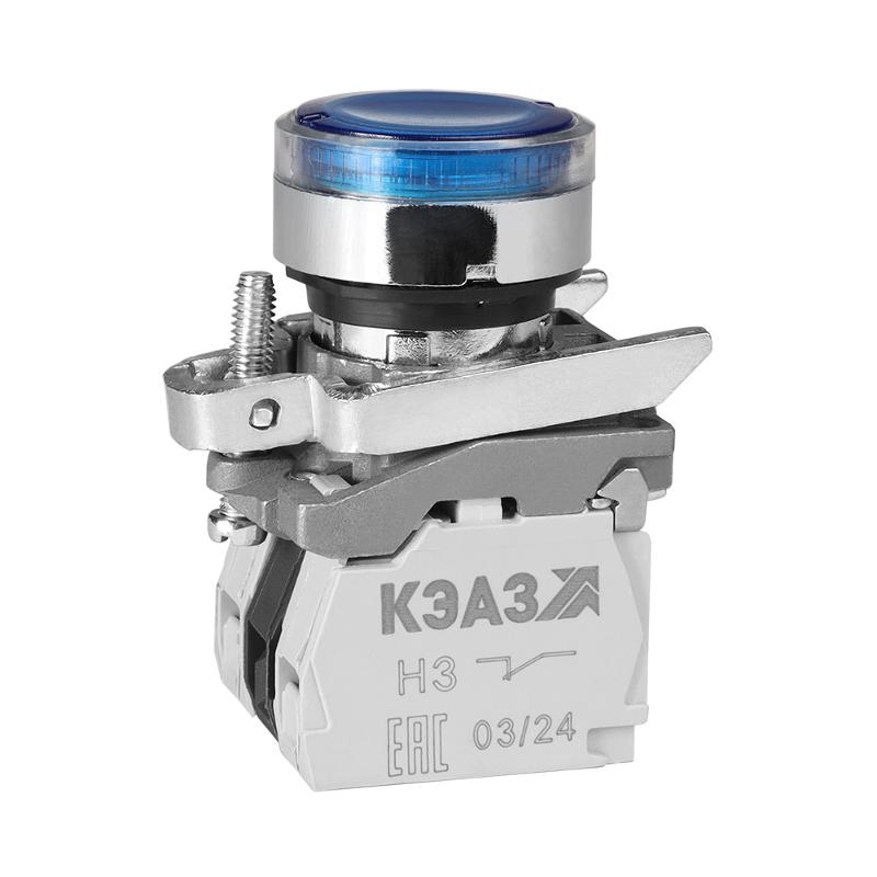 Кнопка КМЕ4611мЛС-24В-синий-1но+1нз-цилиндр-индикатор-IP65