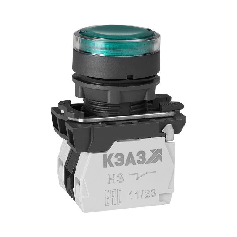 Кнопка КМЕ4111мЛ-220В-зеленый-1но+1нз-цилиндр-индикатор-IP40