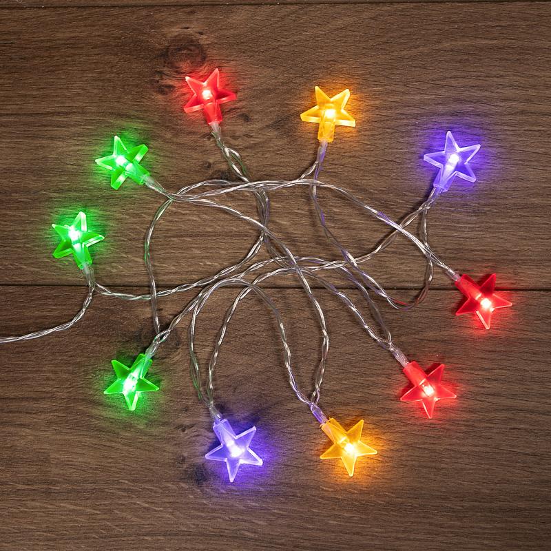 Гирлянда светодиодная Звездочки 1,5 м, 10 LED, прозрачный ПВХ, цвет свечения мультиколор, 2 х АА (батарейки не в комплекте)