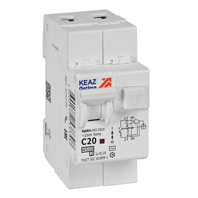 Выключатель автоматический дифференциального тока OptiDin D63-23C20-AC-У3 (2P, C20, 100mA, 4,5кА)