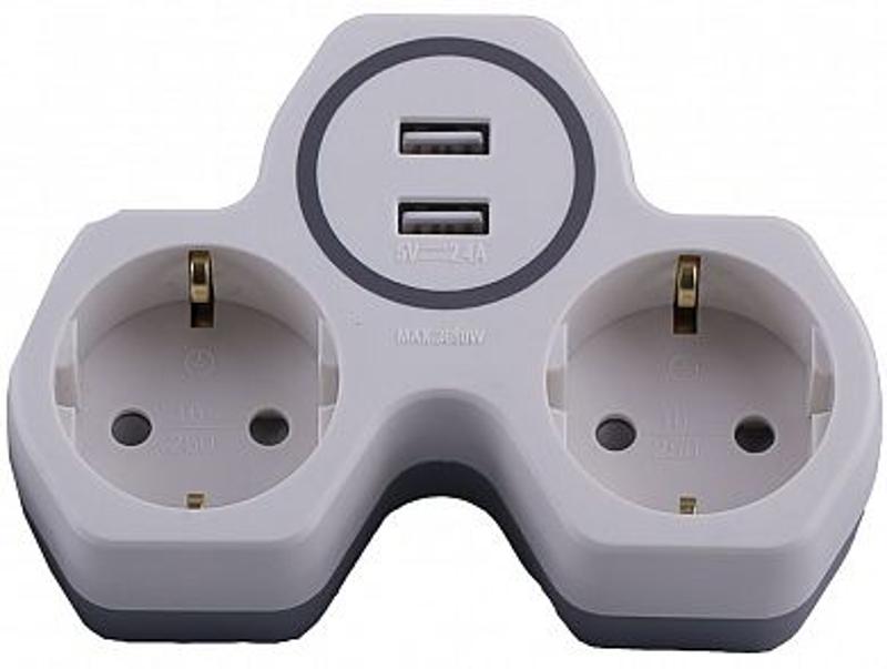 ADP16-14-20 Разветвитель сетевой 2-местный (+2 USB на 2.4А)…