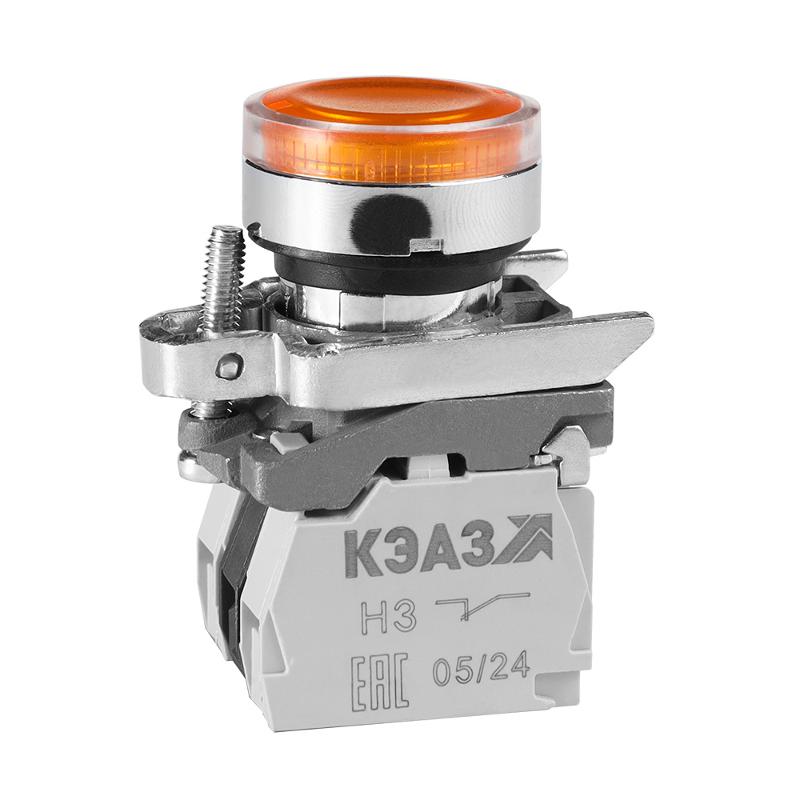 Кнопка КМЕ4111мЛС-220В-желтый-1но+1нз-цилиндр-индикатор-IP40