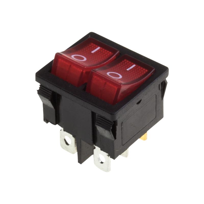 Выключатель клавишный 250V 6А (6с) ON-OFF красный с подсветкой ДВОЙНОЙ Mini