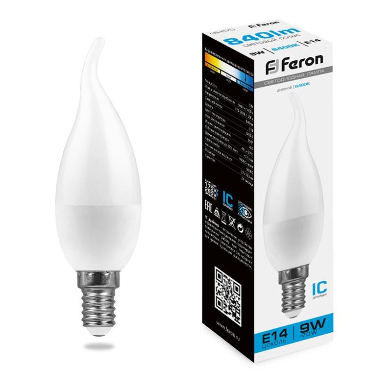 Лампа светодиодная, (9W) 230V E14 6400K свеча на ветру C37Т, LB-570