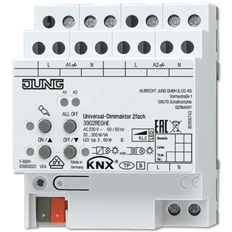 Универсальный LED диммер, 2 группы, монтаж на DIN-рейку, 4 модуля; KNX